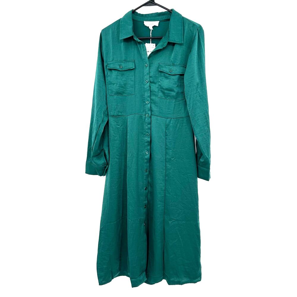 Lucky Brand Size Medium Dress Green Button Up Long Sleeve Double Pocket NWT